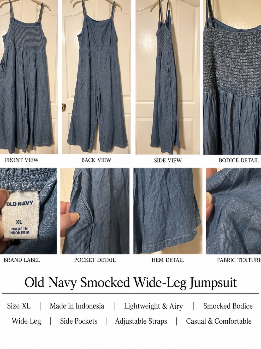 Old Navy Dusty Blue Smocked Wide-Leg Jumpsuit